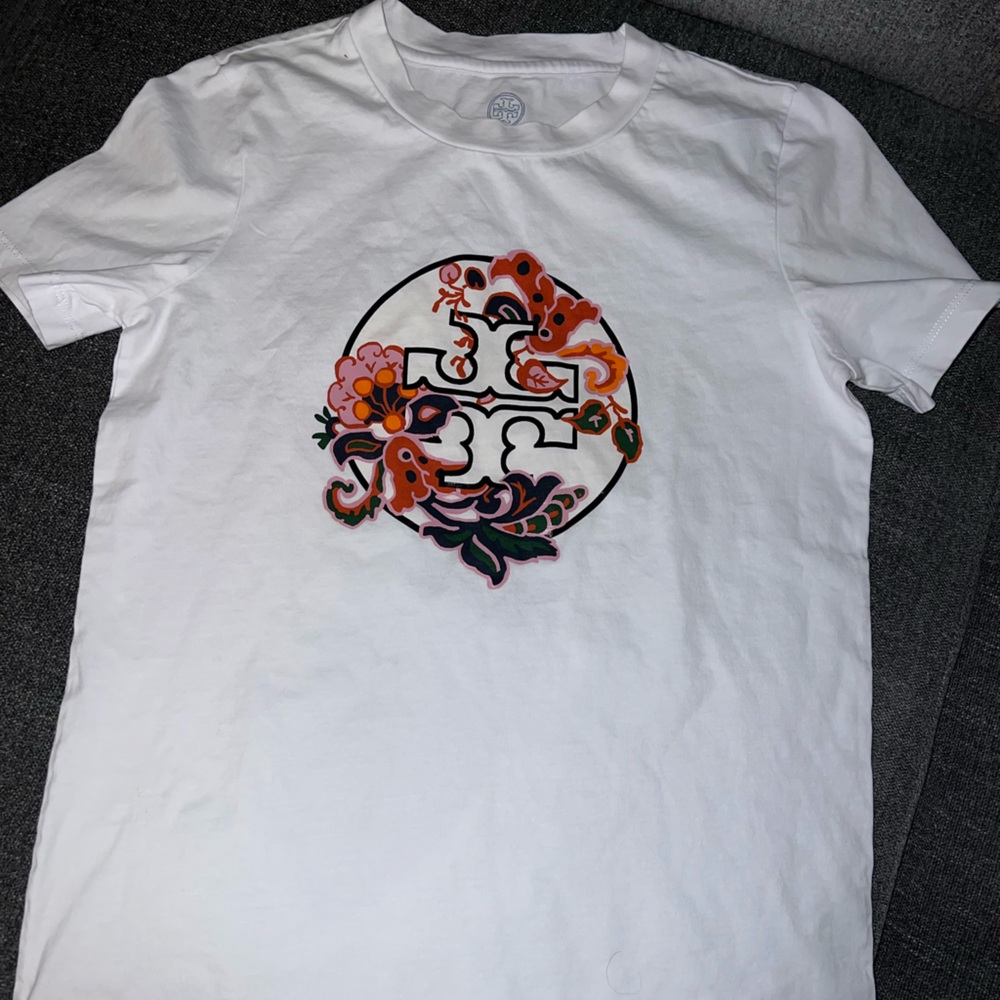 Tory Burch White Tee with Vibrant Floral Logo